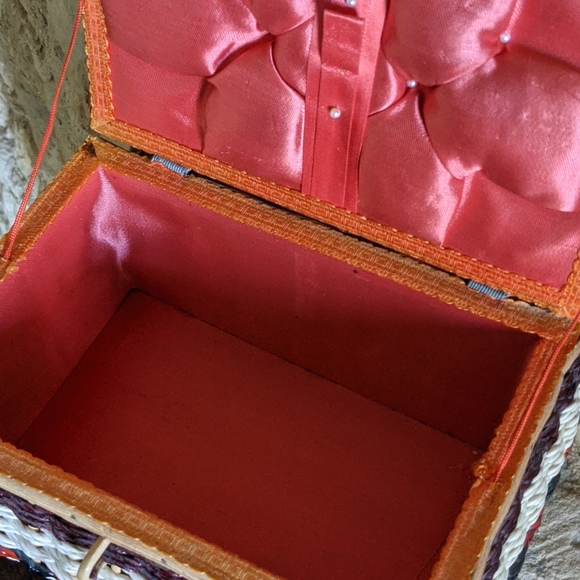 Vintage Red, Black & Turquoise Wicker and Wood Sewing Basket - Picture 13 of 16